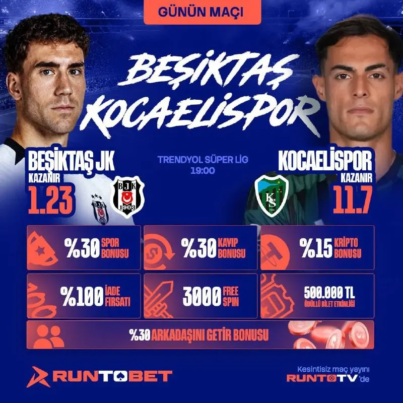 Runtobet Telegram: 🔥⚽️ GÜNÜN MAÇI ⚽️🔥 BEŞİKTAŞ 🆚 KOCAELİSPOR ⏰ 19:00 📺 RUNTO TV ile canlı maç…