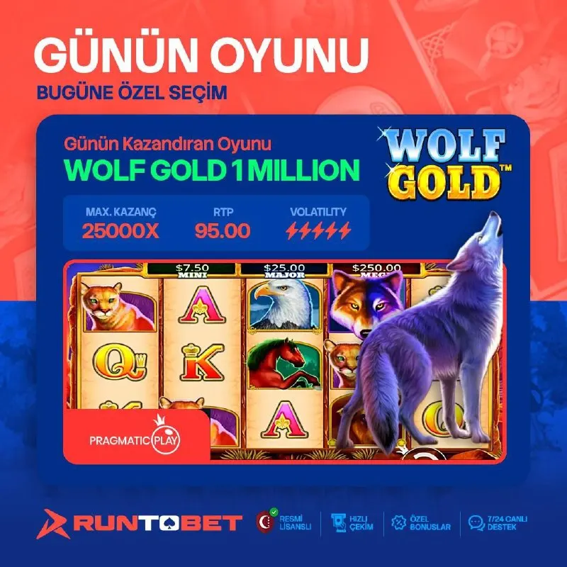 Runtobet Telegram: 🎰🔥 GÜNÜN OYUNU: WOLF GOLD 1 MILLION 🔥🎰 ⚡️ Bugünün favorisiyle şansını denemeye…