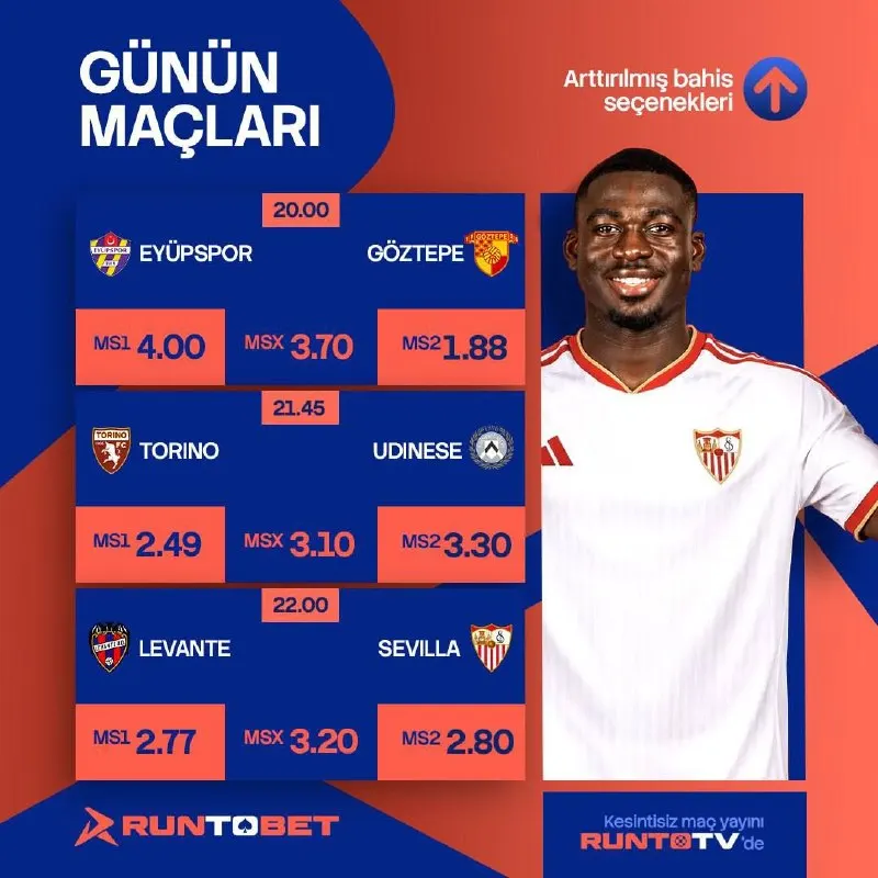 Runtobet Telegram: GÜNÜN MAÇLARI 🔥 ⚽️ 20:00 | Eyüpspor 🆚 Göztepe ⚽️ 21:45 | Torino 🆚 Udinese ⚽️…