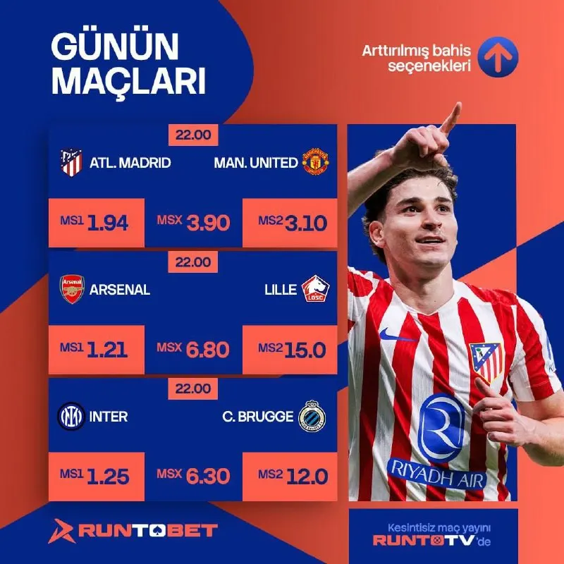 Runtobet Telegram: ŞAMİYONLAR LİGİ HEYACI RUNTOBET'TE 🔥 🏆 GÜNÜN MAÇLARI 🏆 ⚽️ 22:00 | ATL.MADRI 🆚…