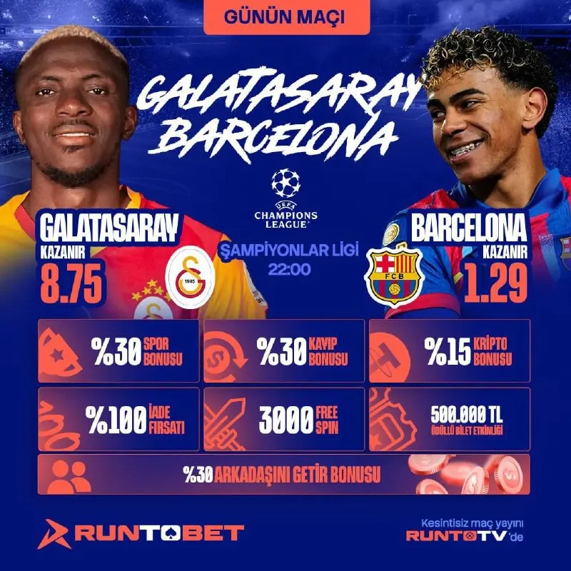 Runtobet Telegram: 🔥⚽️ GÜNÜN MAÇI ⚽️🔥 GALATASARAY 🆚 BARCELONA ⏰ 22:00 📺 RUNTO TV ile canlı maç…