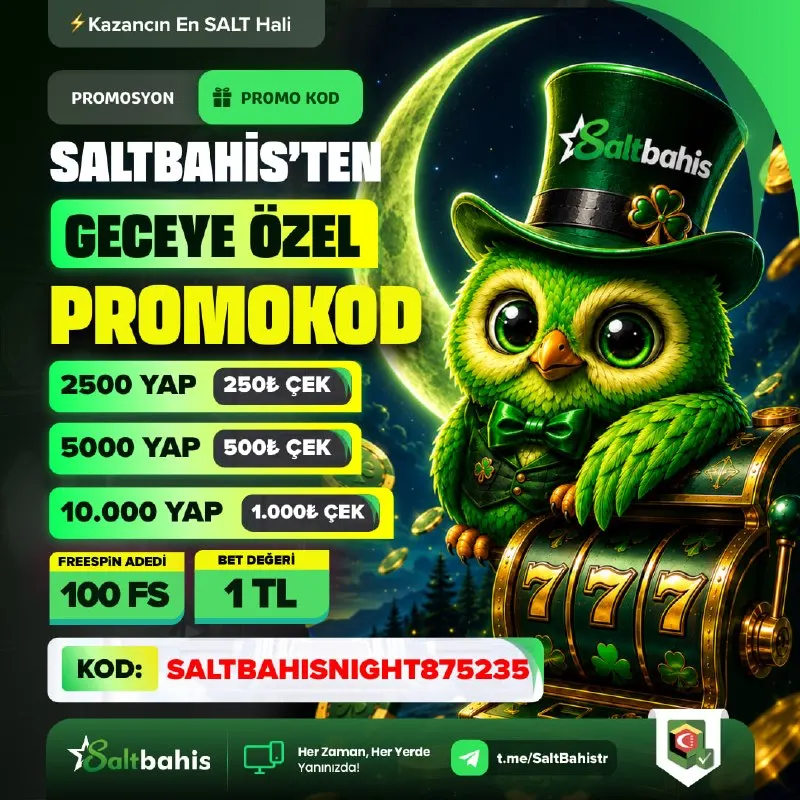 Saltbahis Telegram: 🌜GECEYE ÖZEL FREESPİN YAĞMURU! 🎉 🎰 PROMO KODUNU KULLAN, FREESPİNLERİNİ KAP! 💰…