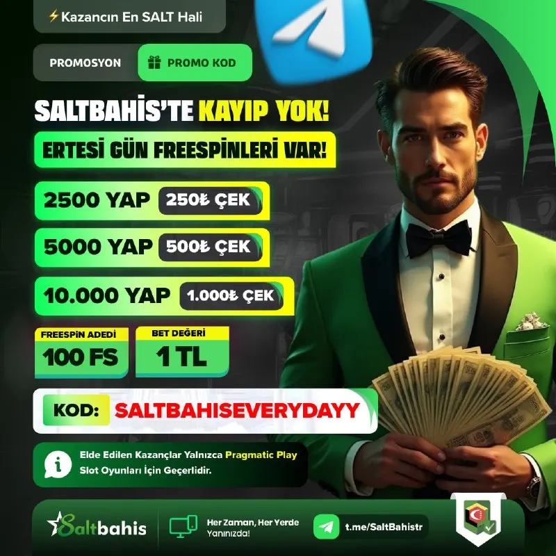 Saltbahis Telegram: 🎉 SALTBAHİS’TE KAYIP YOK! 🎉 🎰 ERTESİ GÜN FREESPİNLER'i İLE OYUNA YENİDEN DÖN! 💰…