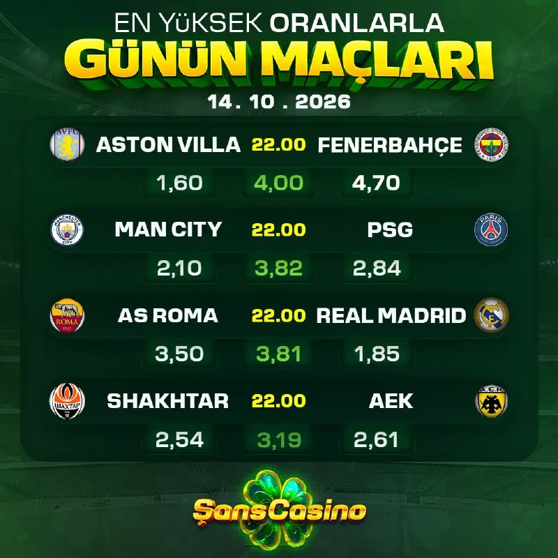 Şanscasino Telegram: GÜNÜN MAÇLARI ŞANS'TA! 📆 🇪🇺 A. Villa - Fenerbahçe 🇪🇺 Man City - PSG 🇪🇺 Roma…
