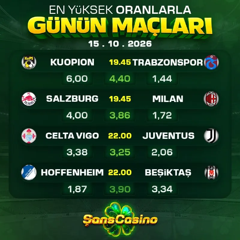 Şanscasino Telegram: GÜNÜN MAÇLARI ŞANS'TA! 📆 🇪🇺 Kuopion - Trabzonspor 🇪🇺 Salzburg - Milan 🇪🇺 Celta…