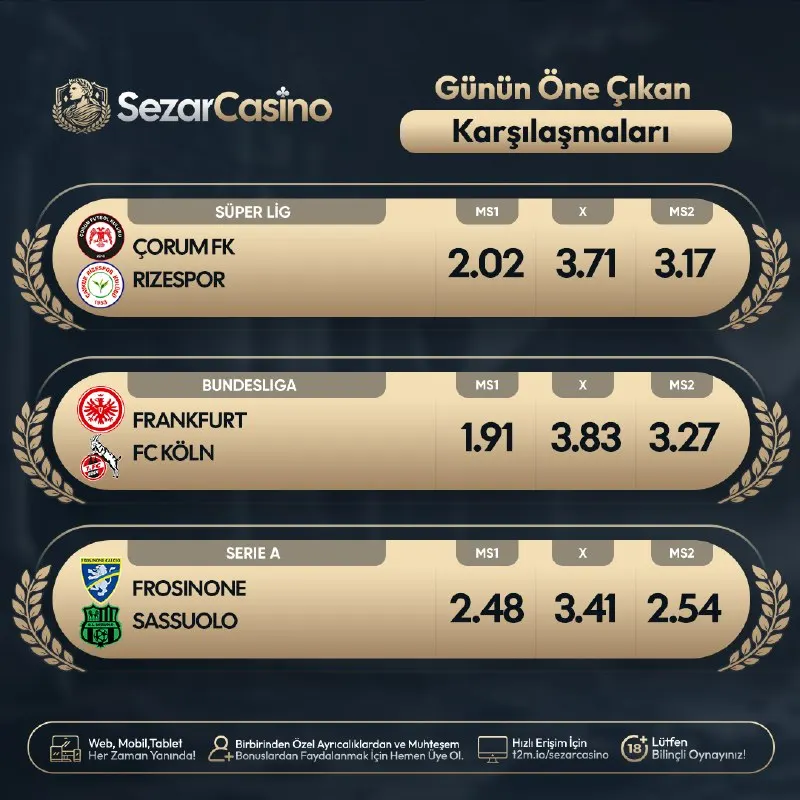 Sezar Casino Telegram: 👑 Günün dikkat çeken maçlarıyla heyecan Sezar Casino’da yükseliyor! 👑 ⚽️…
