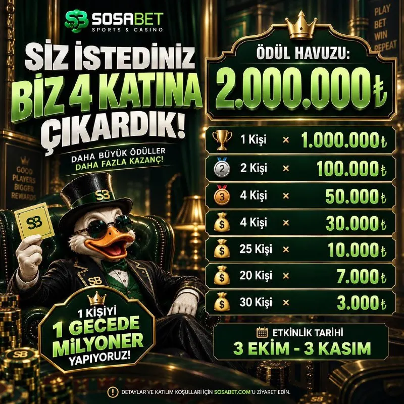 Sosabet Telegram: 🎟 SOSABET İLE HERKESE ÖDÜL! 🏆 Ödül havuzunu 4 katına çıkardık: Tam 2.000.000₺!…