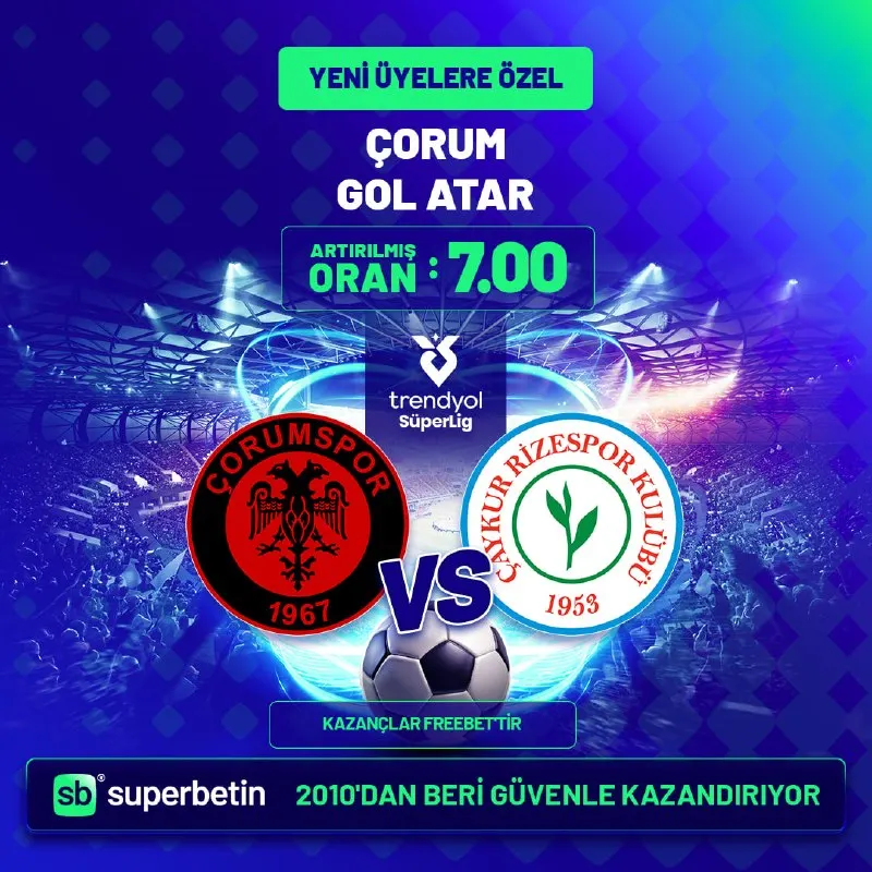 Süperbetin Telegram: 👑 SÜPER LİG YENİ ÜYELERE ÖZEL👥 YENİ ÜYELERE FIRSAT⚽️ ⚽️⚽️ Çorum FK gol atar…