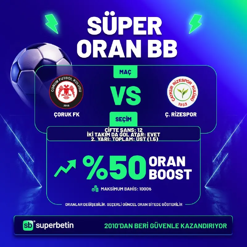Süperbetin Telegram: SÜPER ORAN %50 BOOST BETBUILDER SÜPER LİG ÖZEL Superbetin’de yükselen oranlarla…