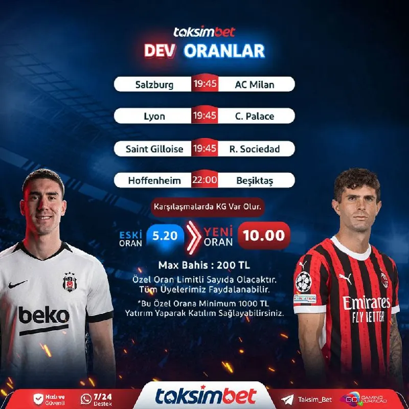 Taksimbet Telegram: 📣 #TaksimBet'ten Dev Maçlara Özel Oran ‼️ ⚽️ Salzburg ⚔️ AC Milan ⚽️ Lyon ⚔️ C…