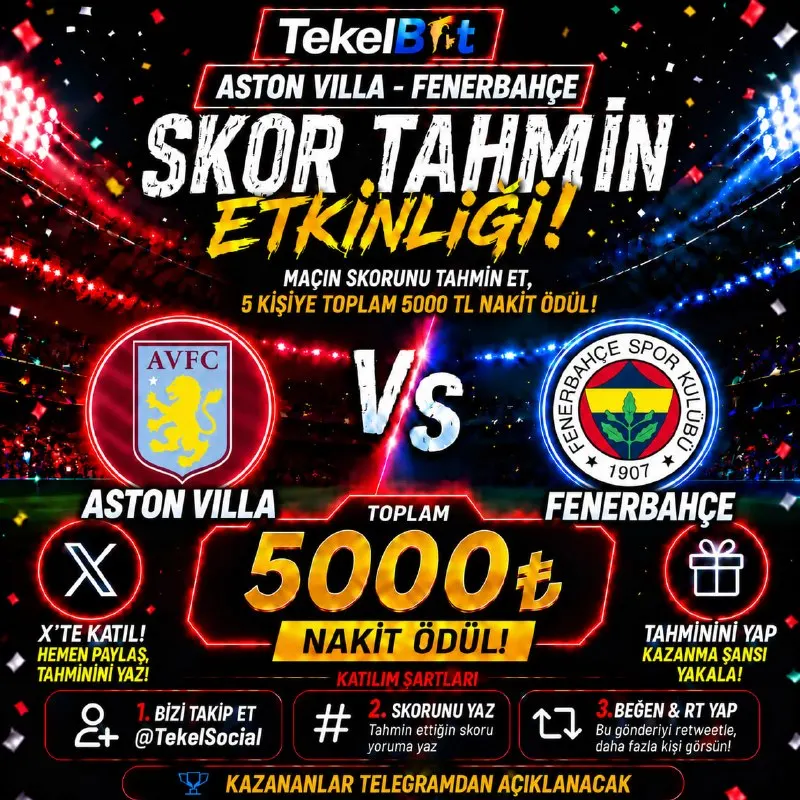 Tekelbet Telegram: ⚽️ ASTON VILLA 🆚 FENERBAHÇE | SKOR TAHMİNİNİ YAP! ⚡️⚡️⚡️⚡️⚡️⚡️⚡️⚡️⚡️⚡️ Maçın…