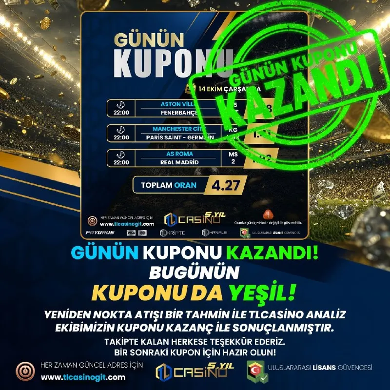 TLCasino Telegram: 🎉GÜNÜN KUPONU KAZANDI!🎉 🟢BUGÜNÜN KUPONU DA YEŞİL!🟢 🤩BİR SONRAKİ KUPON İÇİN…