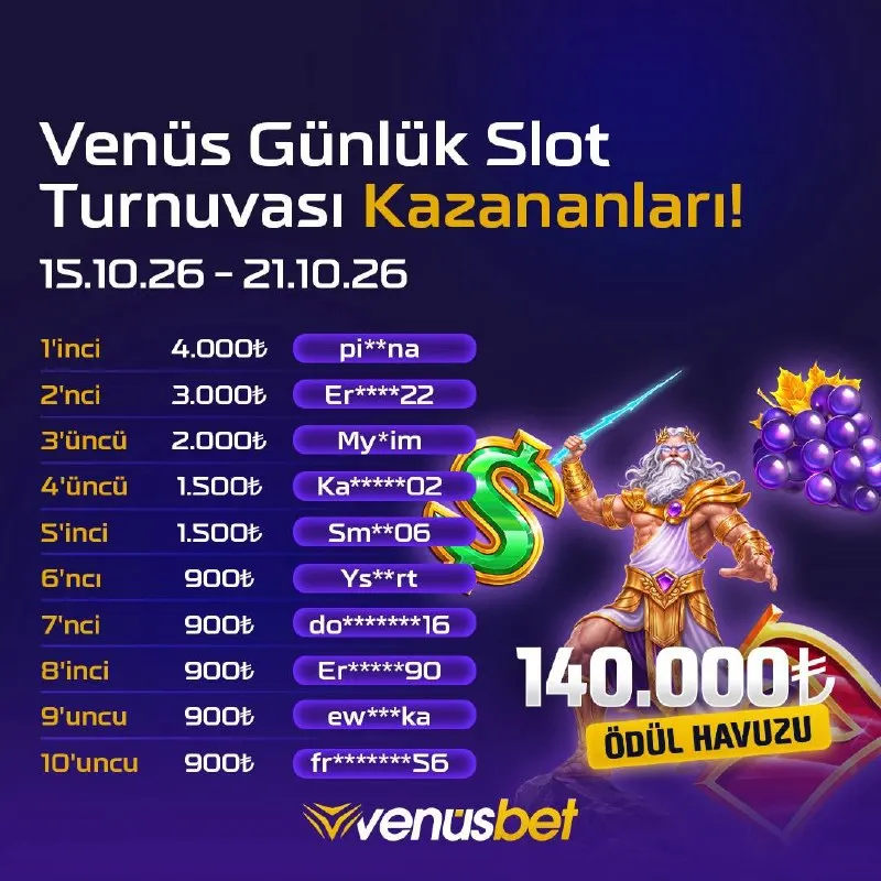 Venüsbet Telegram: 🏆 #Venus'ten Ekim ayına özel haftalık Slot Turnuvası üçüncü (günlük) etap…