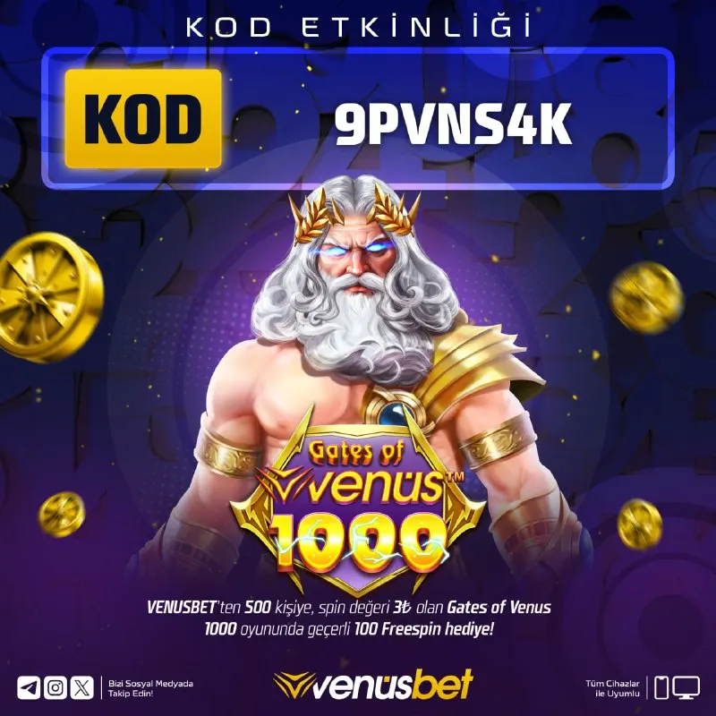 Venüsbet Telegram: 🏆 #VENUS'TE KOD ETKİNLİĞİ! 500 KİŞİYE 300₺ değerinde FREESPIN! ⚡️ Freespin'ler…