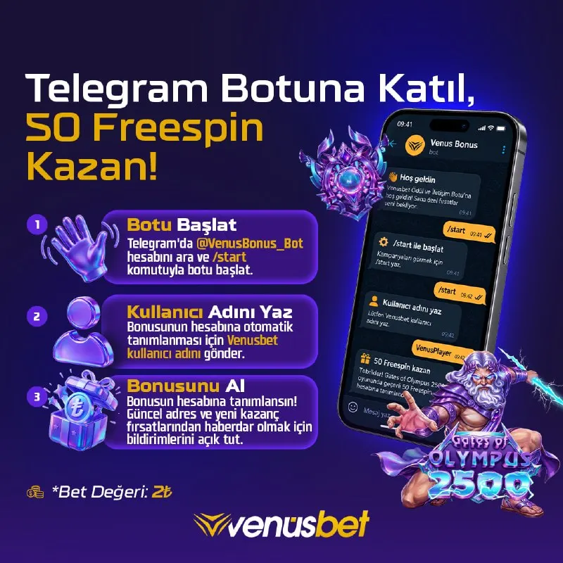 Venüsbet Telegram: 🎁 50 Freespin Anında Senin! Bot’a katıl, hesabına otomatik tanımlanan freespin…