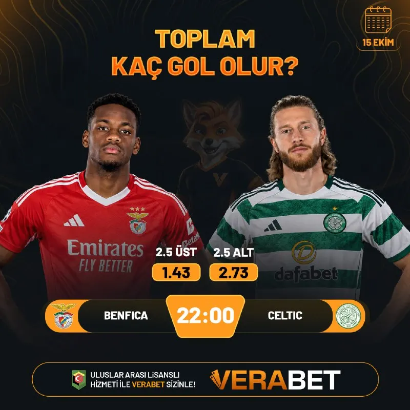 Verabet Telegram: 🇪🇺 Benfica - Celtic maçında toplam kaç gol olur? Alt mı biter, üst mü? Hemen…