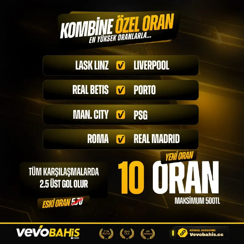 Vevobahis Telegram: 🔥 VEVOBAHİS KOMBİNE ÖZEL ORAN! ⚽️ TÜM KARŞILAŞMALARDA 2.5 ÜST GOL OLUR. 🔼 10…