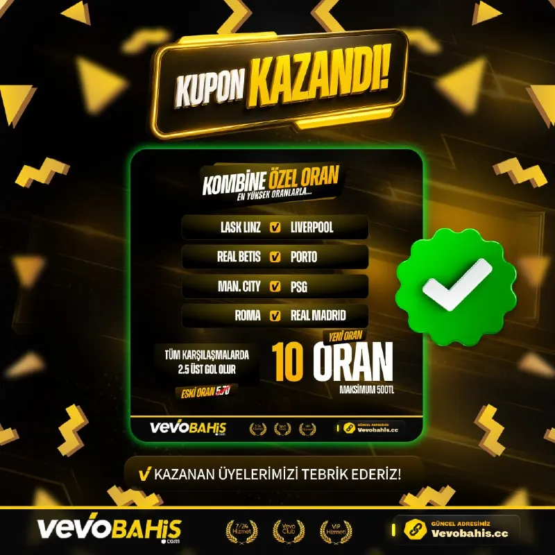 Vevobahis Telegram: ⚽️VEVOBAHİS 10 ÖZEL ORAN WON!⚽️ 💰 Vevobahis'te avantajlı fırsatlar hız kesmeden…