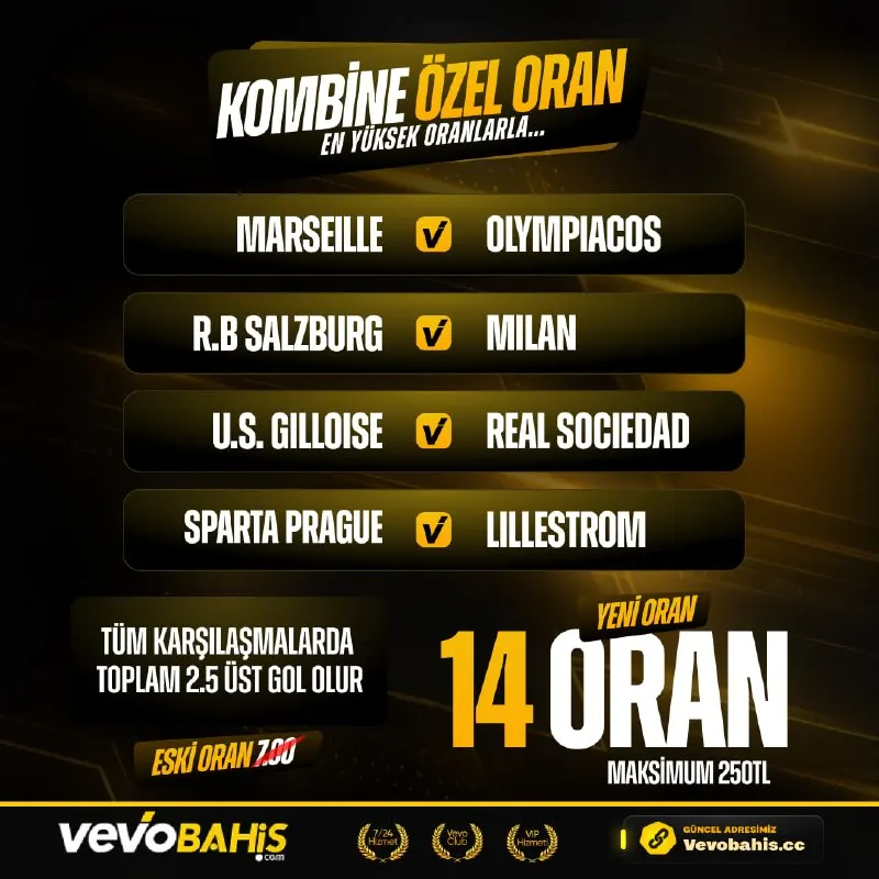 Vevobahis Telegram: 🔥 VEVOBAHİS KOMBİNE ÖZEL ORAN! ⚽️ TÜM KARŞILAŞMALARDA TOPLAM 2.5 ÜST GOL OLUR…