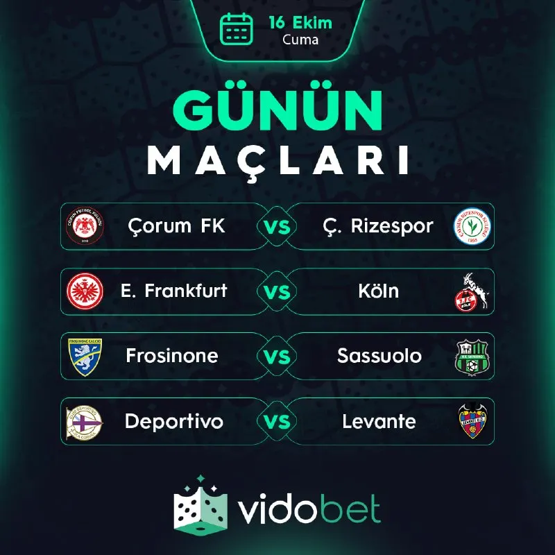 Vidobet Telegram: GÜNÜN MAÇLARI VIDOBET'TE! ⚽️ 🇹🇷 Çorum FK - Ç. Rizespor 🇩🇪 E. Frankfurt - Köln…