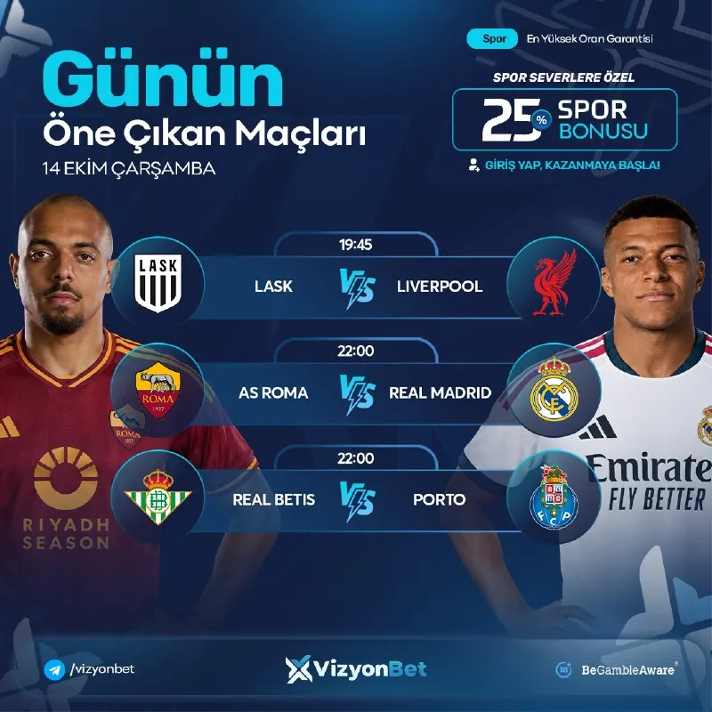 Vizyonbet Telegram: 💙 Muhteşem Oranlarla VizyonBet’te Günün Karşılaşmaları! 💙 LASK & Liverpool 💙 AS…