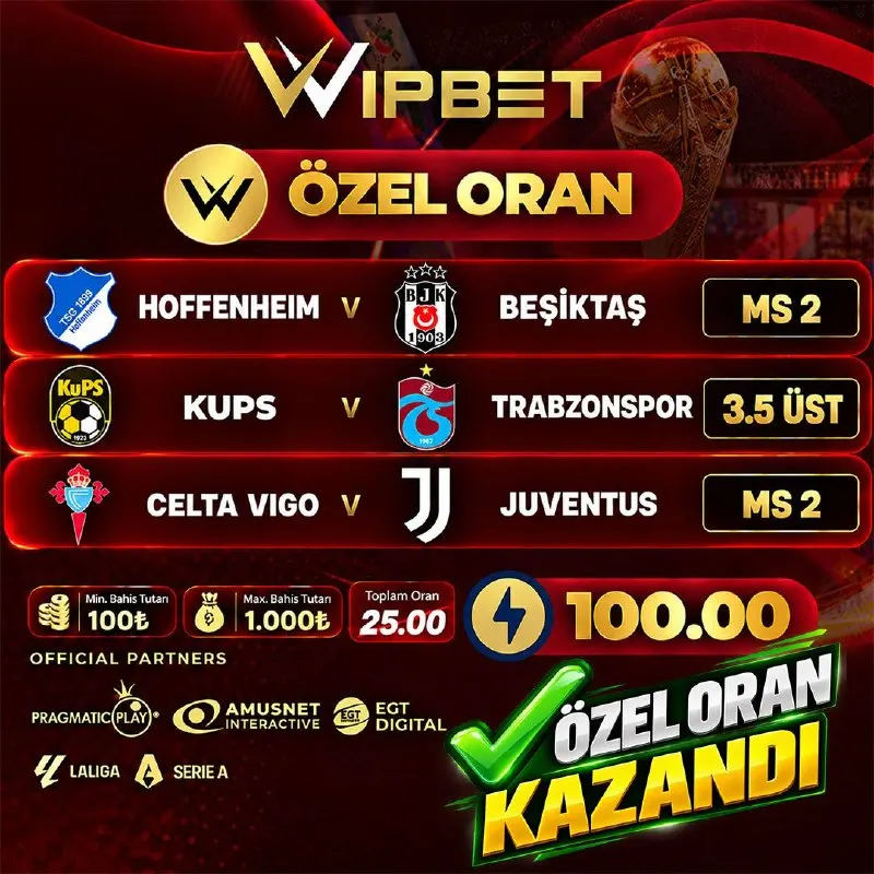 Wipbet Telegram: 💯 100 ÖZEL ORAN KAZANDI! ❤️ 🔥 745.000₺ Toplam Kazançtan Faydalanan, Kuponu…