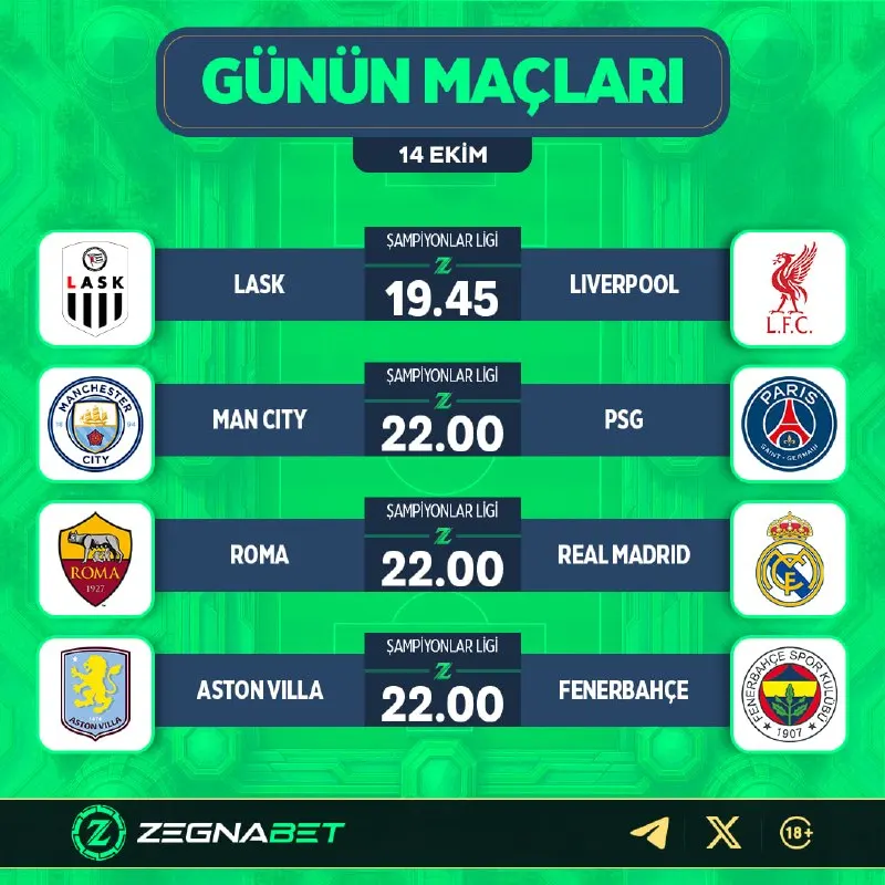 Zegnabet Telegram: GÜNÜN MAÇLARI ZEGNA'DA! ⚽️ 🇪🇺 LASK - Liverpool 🇪🇺 Man City - PSG 🇪🇺 Roma - Real…